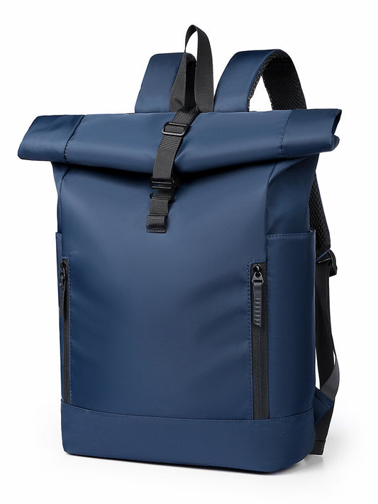 Roll-top backpack showing dual vertical front zip pockets and adjustable straps