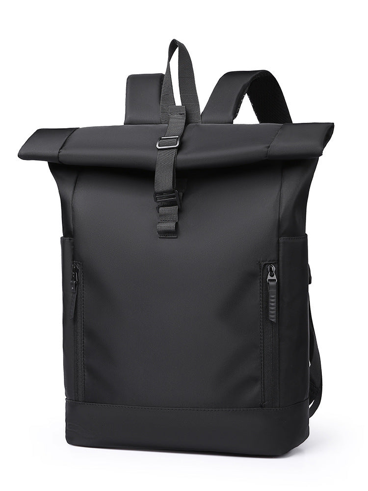 Side view of roll-top backpack with side pocket holding a water bottle
