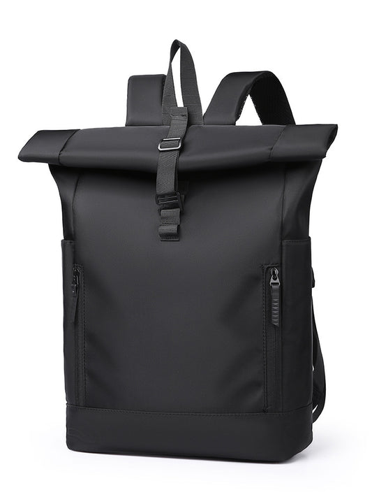 Side view of roll-top backpack with side pocket holding a water bottle