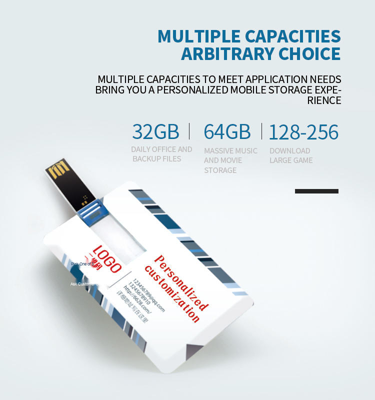 White credit card shaped USB drive showing custom printed logo area on the front