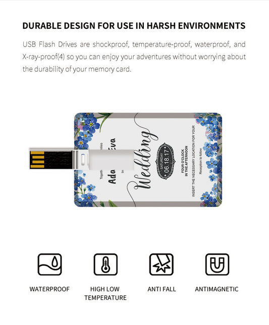 Rotating card USB flash drive with connector swiveled out at an angle, close-up view
