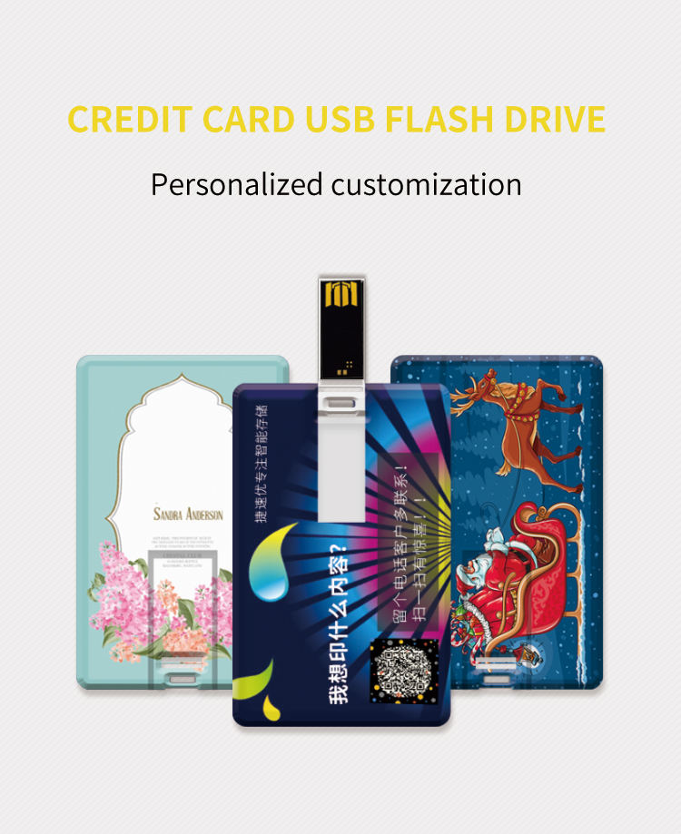 Set of card shaped USB flash drives in different colors arranged in a row