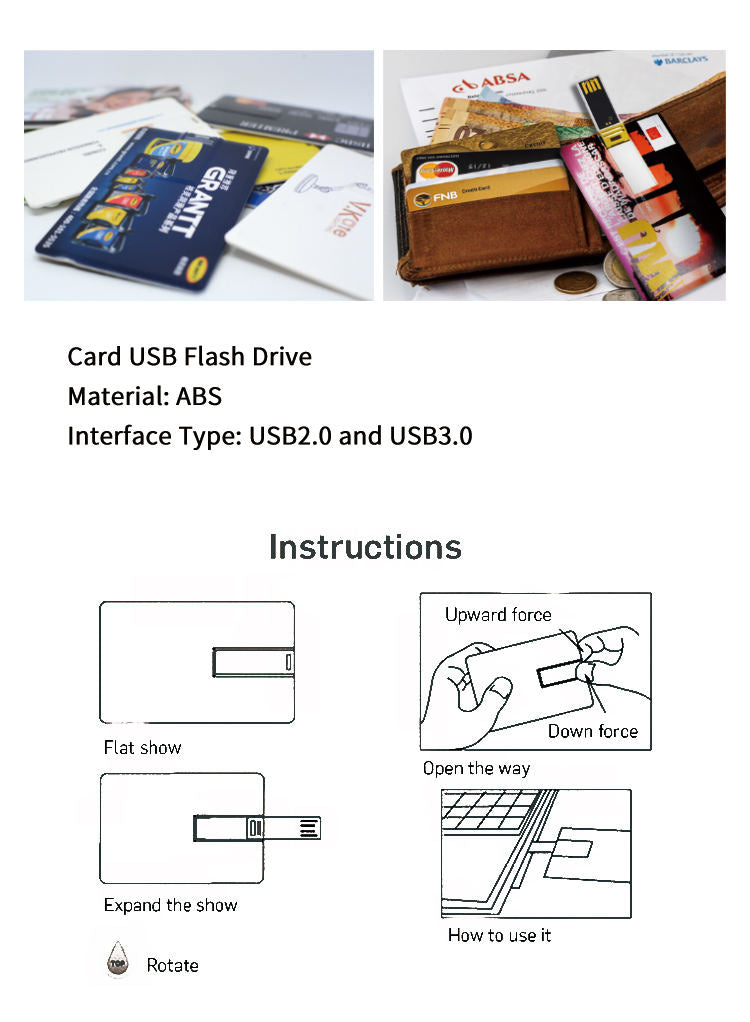Custom printed rotating card USB flash drive with branded artwork on the card face