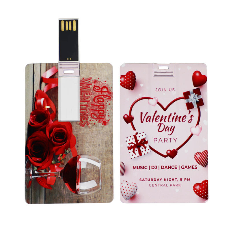 Custom printed card USB flash drives with Valentine's Day and holiday artwork