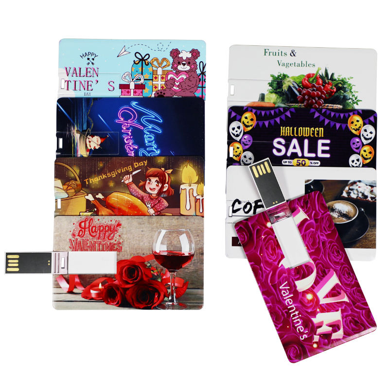 Card USB flash drives with printed holiday and wine themed custom artwork