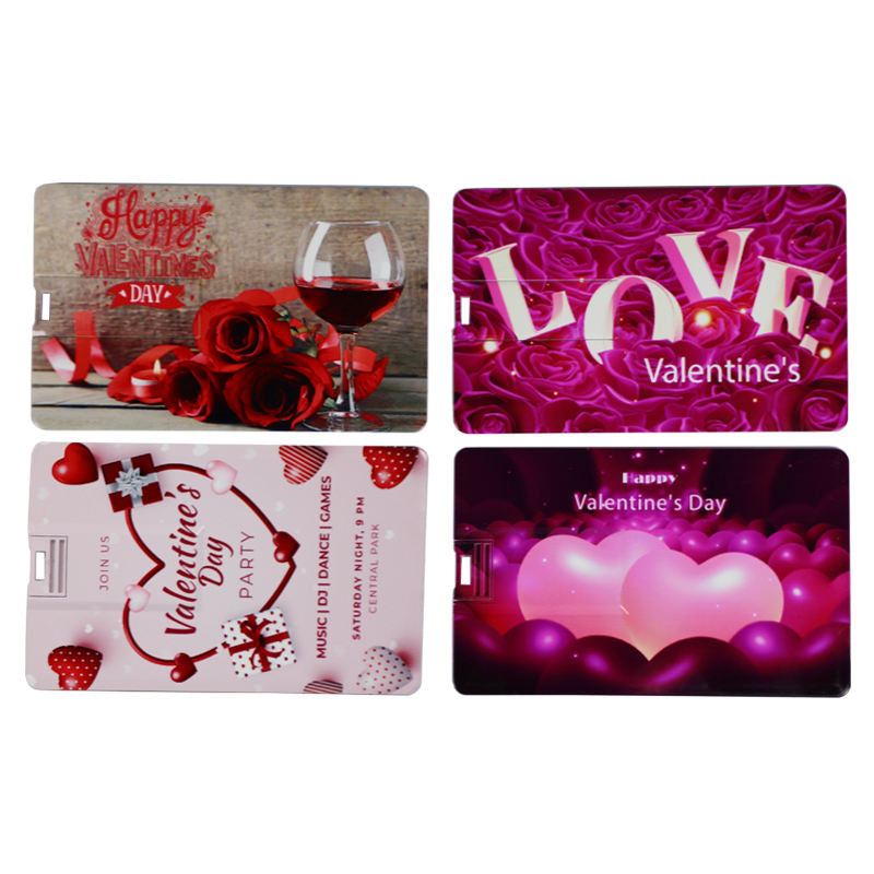 Card shaped USB flash drives with Valentine's LOVE heart custom printed designs
