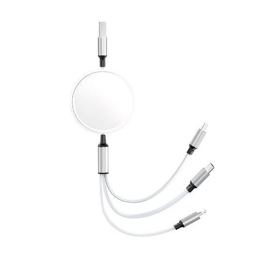 Round 3-in-1 charging cable organizer in black with mirror lid and metal connectors