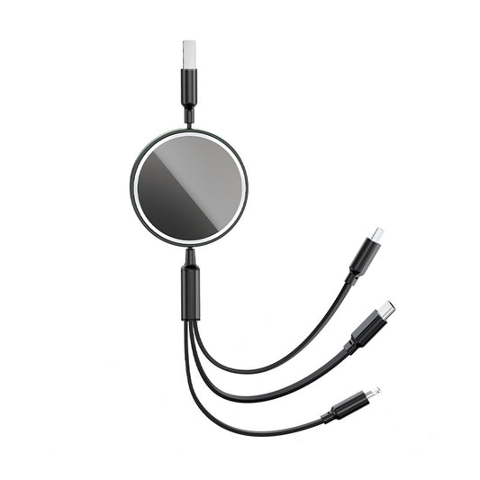 Open round mirror case showing the coiled 3-in-1 charging cable inside