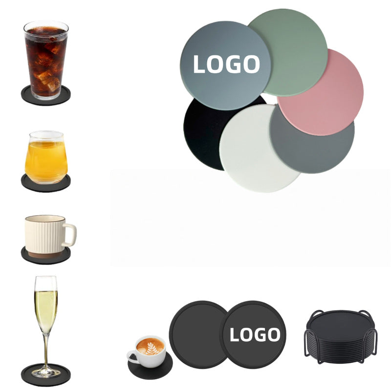 Set of round silicone drink coasters in assorted solid colors arranged in a row