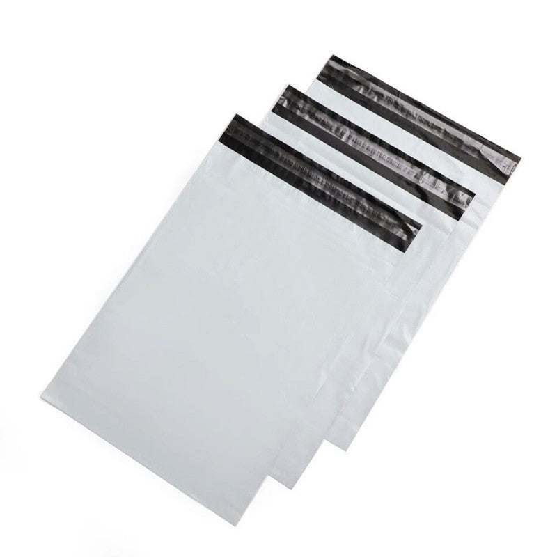 White self-seal poly mailer bags stacked flat showing clean white plastic film
