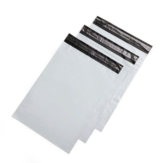 White self-seal poly mailer bags stacked flat showing clean white plastic film